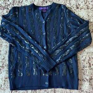Ralph Lauren Navy Sequin Cable-Striped Cardigan